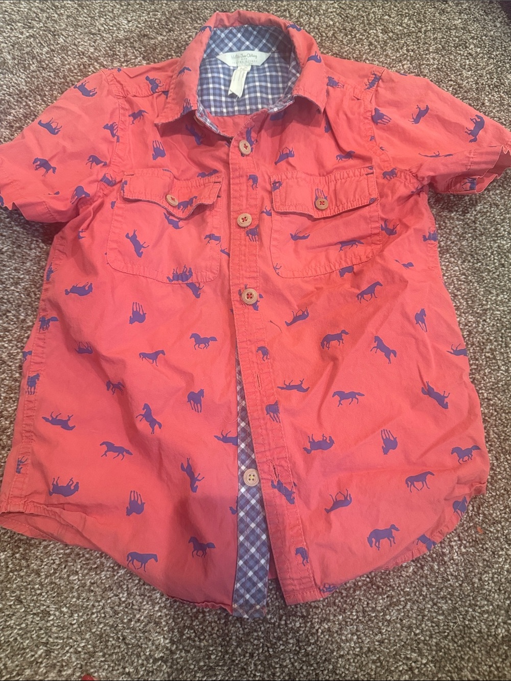 Matilda Jane Coral Button-Down Shirt with Blue Horse Print